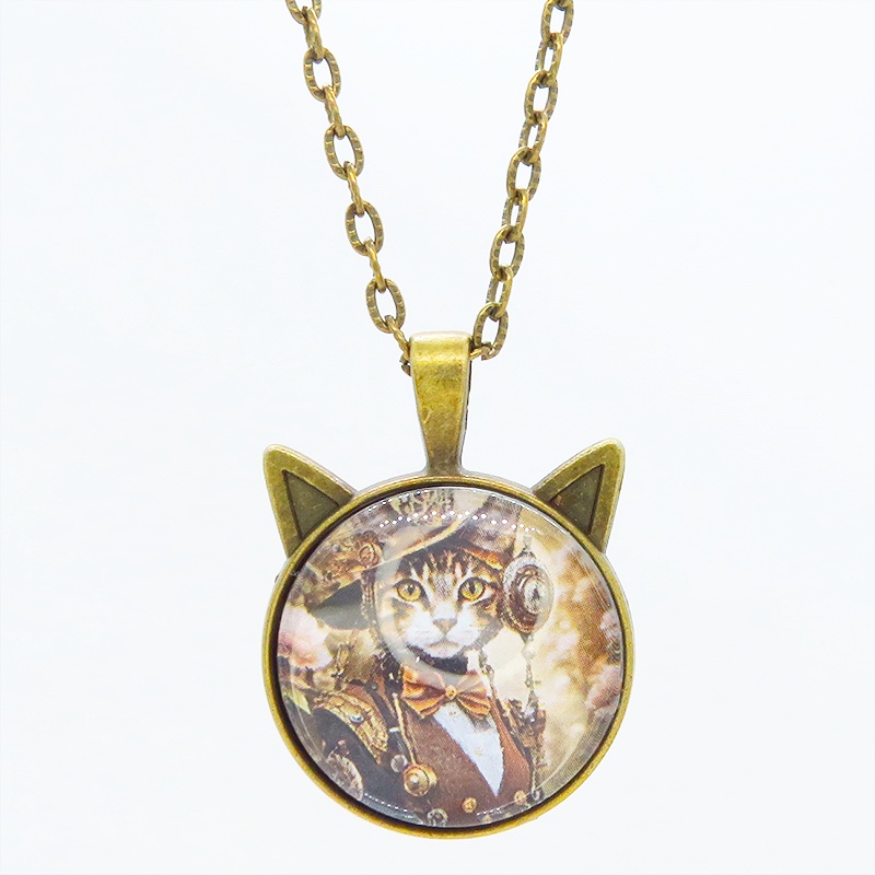 アンティークゴールド 猫耳カボションペンダントネックレス スチームパンク キジシロ貴婦人 長さ調整可