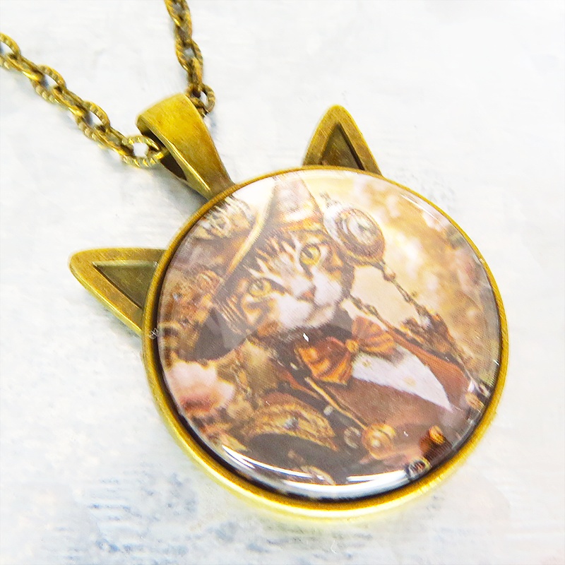アンティークゴールド 猫耳カボションペンダントネックレス スチームパンク キジシロ貴婦人 長さ調整可