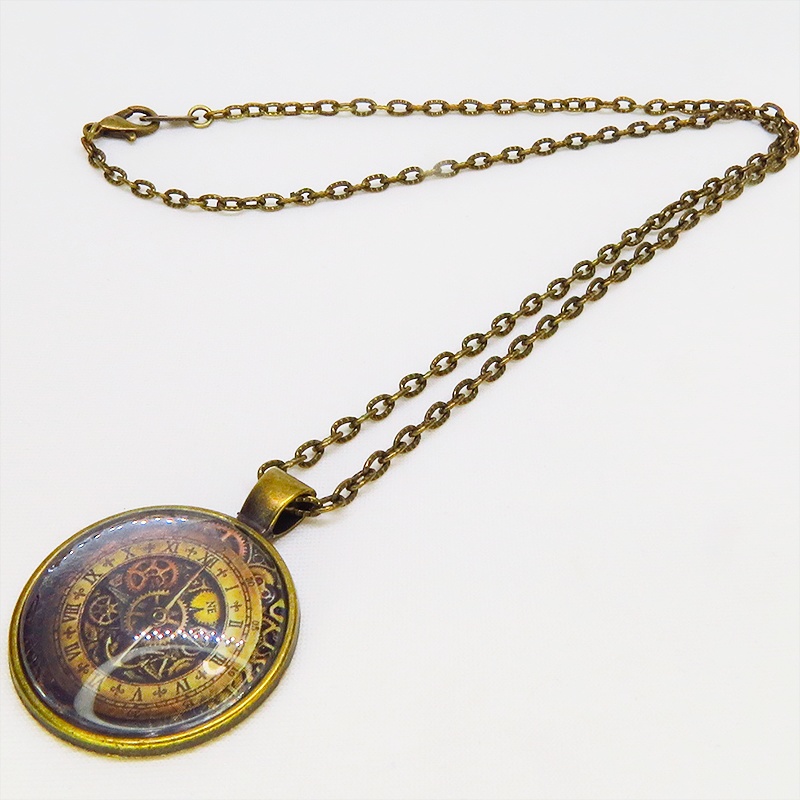 アンティークゴールド 羅針盤の描かれたスチームパンク風カボションペンダントネックレス TYPE-A 長さ調整可