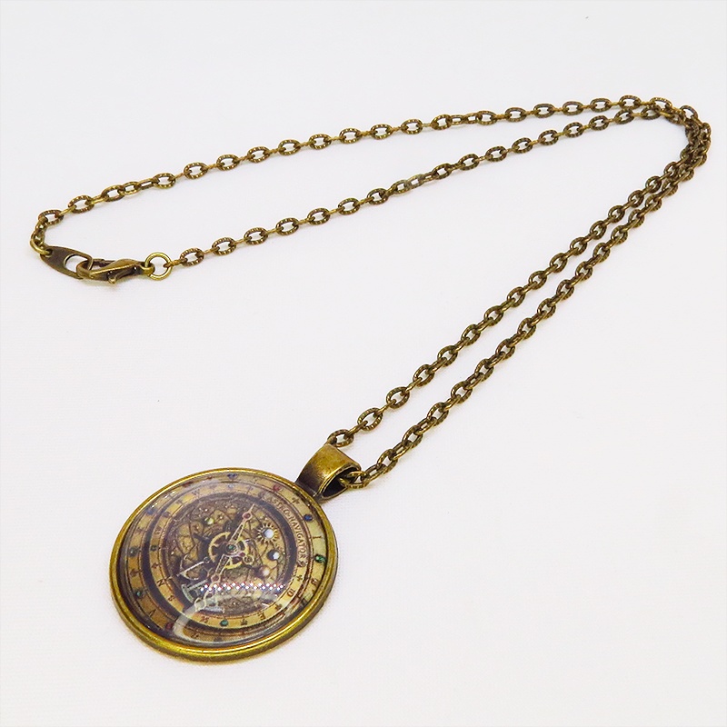 アンティークゴールド 羅針盤と歯車の描かれたスチームパンク風カボションペンダントネックレス TYPE-B 長さ調整可