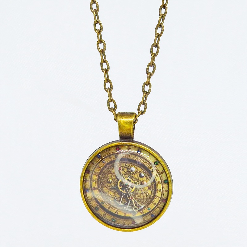 アンティークゴールド 羅針盤と歯車の描かれたスチームパンク風カボションペンダントネックレス TYPE-B 長さ調整可