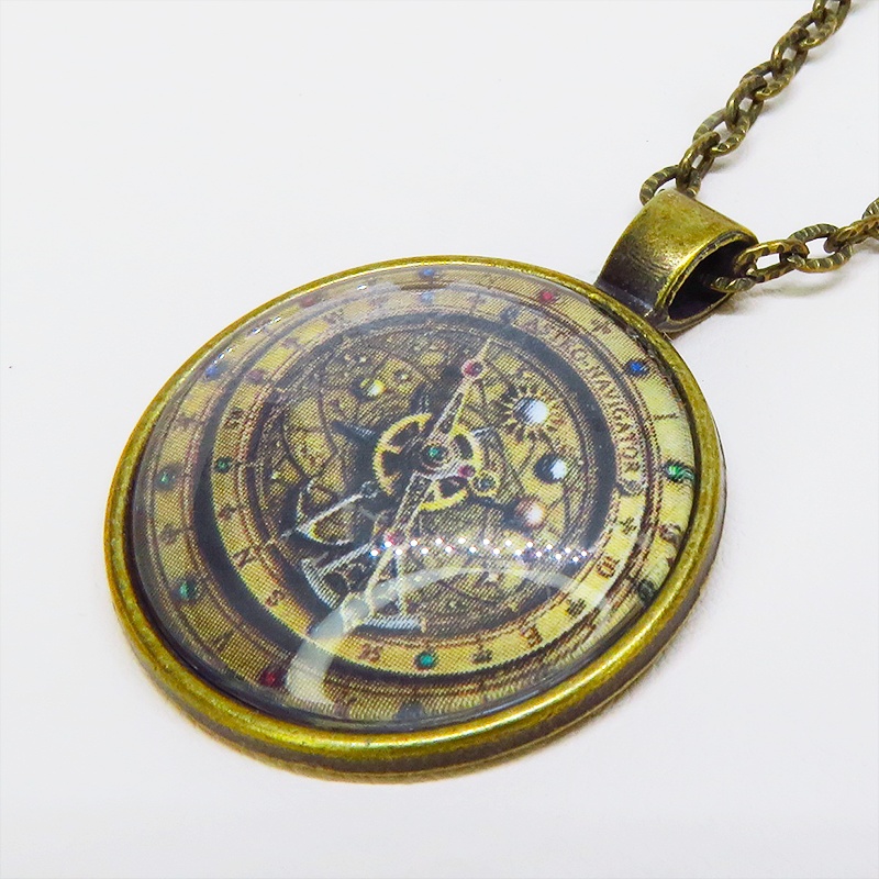 アンティークゴールド 羅針盤と歯車の描かれたスチームパンク風カボションペンダントネックレス TYPE-B 長さ調整可