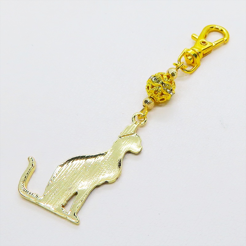 古代エジプトの猫の神様バステトのキーホルダー 黒猫 エナメル ゴールドカラービーズ 金具変更可