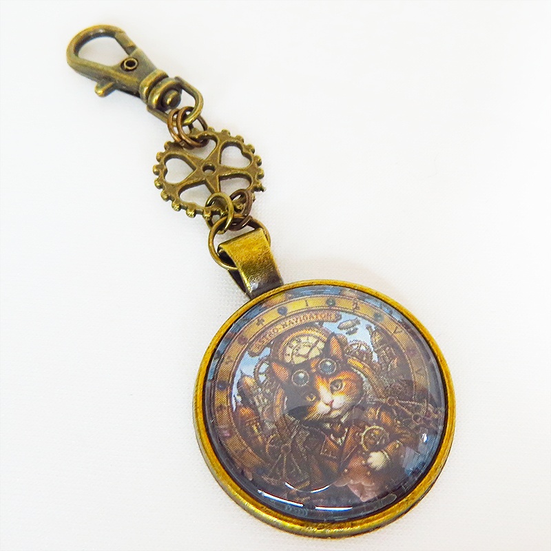 アンティークゴールド カボションペンダントキーホルダー スチームパンク 三毛猫パイロット 金具変更可
