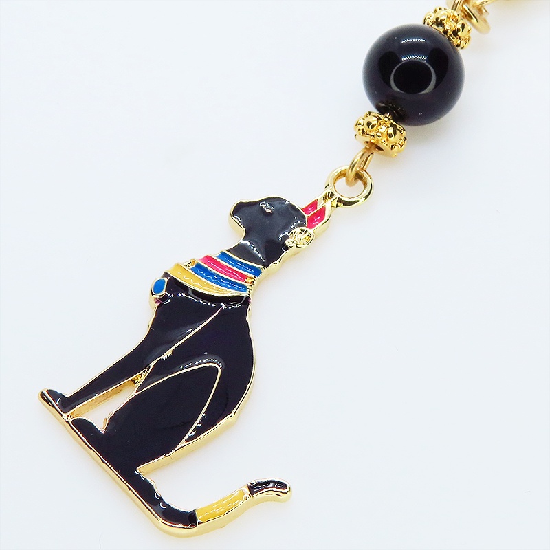 古代エジプトの猫の神様バステトのキーホルダー 黒猫 エナメル オニキスビーズ 金具変更可
