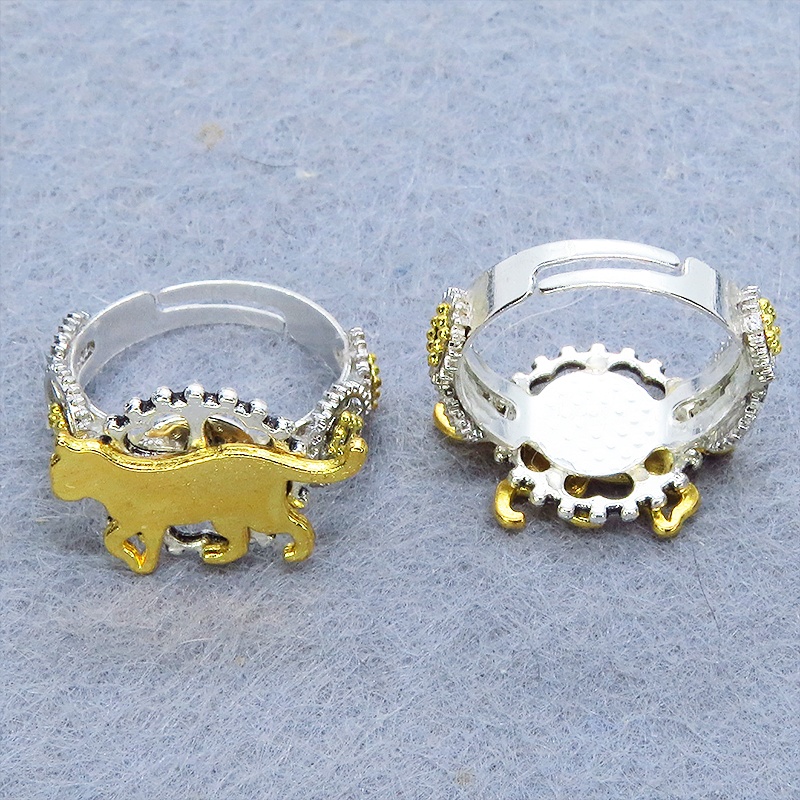 シルバーカラー 歩く猫シルエットモチーフと歯車のスチームパンクリング 指輪 フリーサイズ