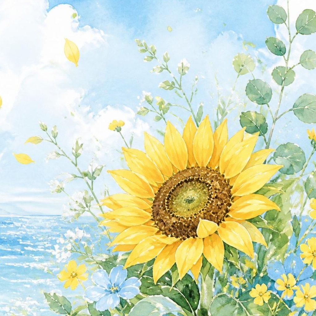 ひまわりと海
