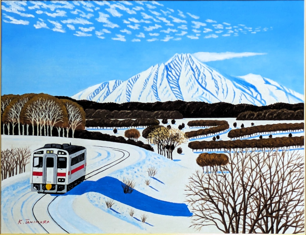 ★利尻島と走る電車・肉筆油彩画・F6キャンバス