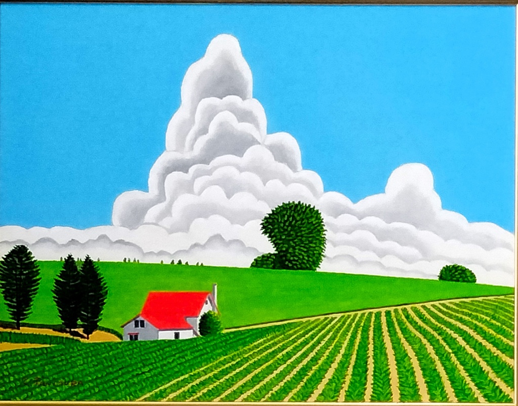 ★美瑛・夏空と赤い屋根の家・肉筆油彩画・F6キャンバス