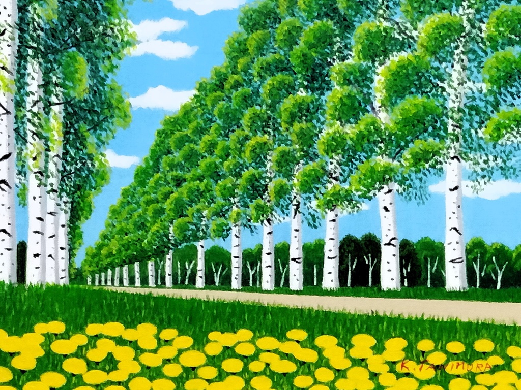 ★白樺並木とタンポポ・肉筆油彩画・F6キャンバス