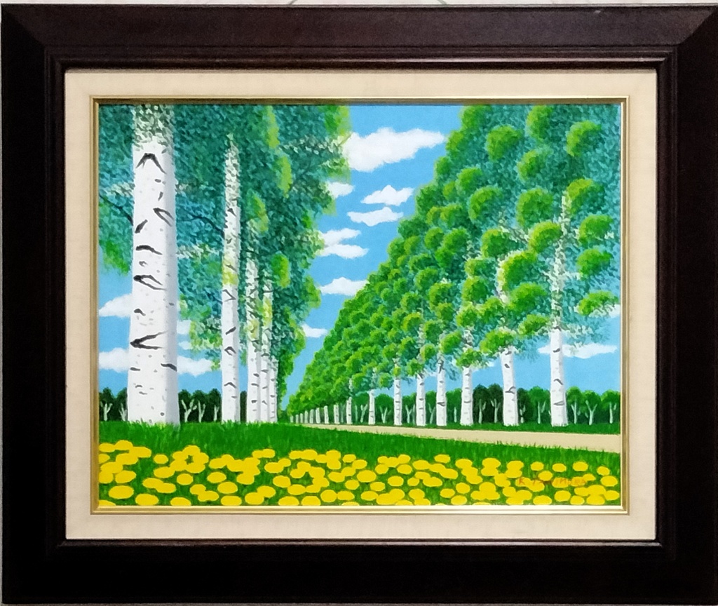 ★白樺並木とタンポポ・肉筆油彩画・F6キャンバス