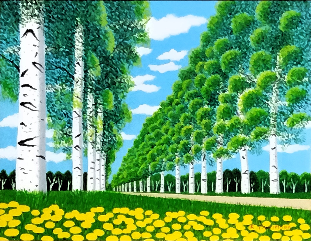 ★白樺並木とタンポポ・肉筆油彩画・F6キャンバス