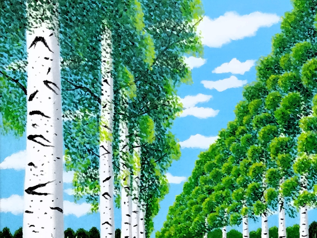 ★白樺並木とタンポポ・肉筆油彩画・F6キャンバス