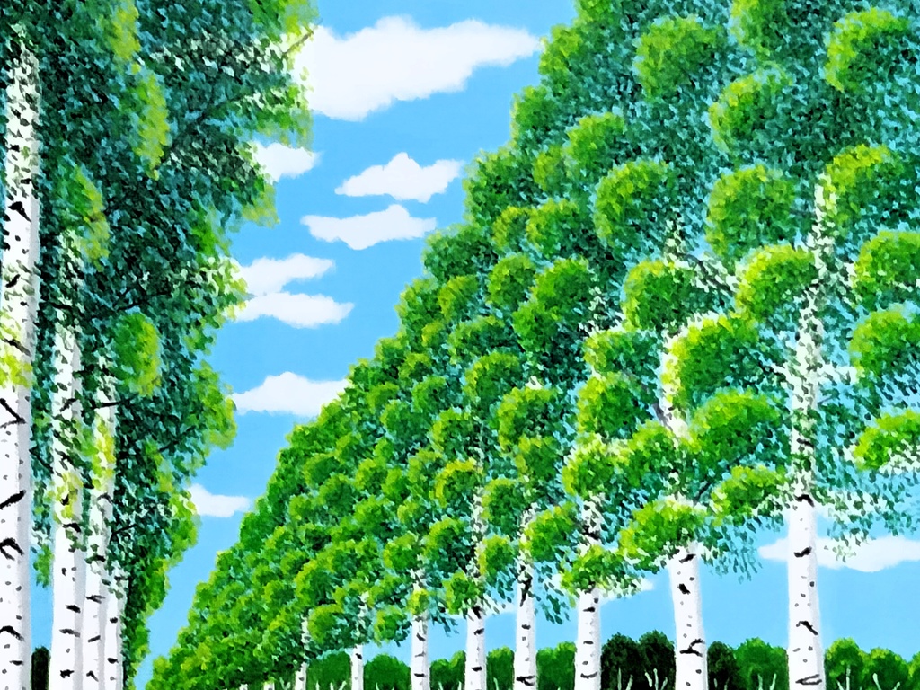 ★白樺並木とタンポポ・肉筆油彩画・F6キャンバス