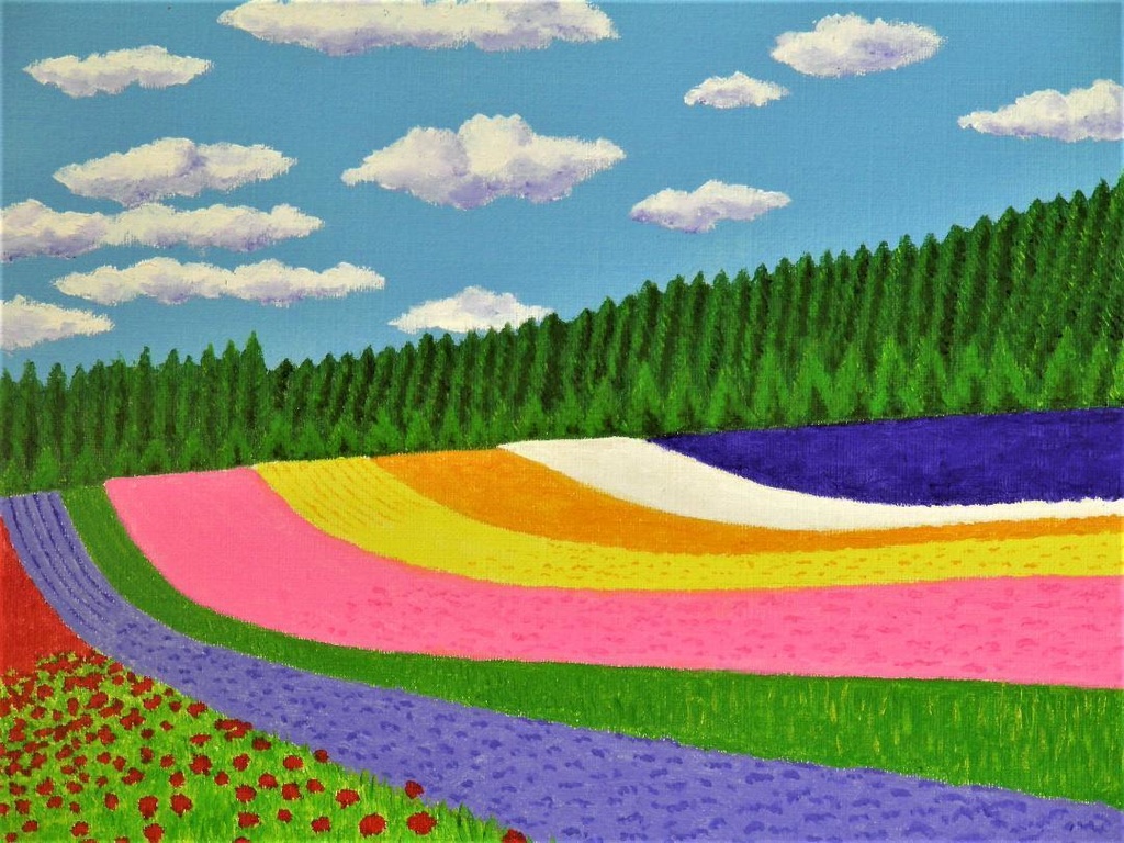 ★富良野・富田ファームの花畑・肉筆油彩画・F6キャンバス
