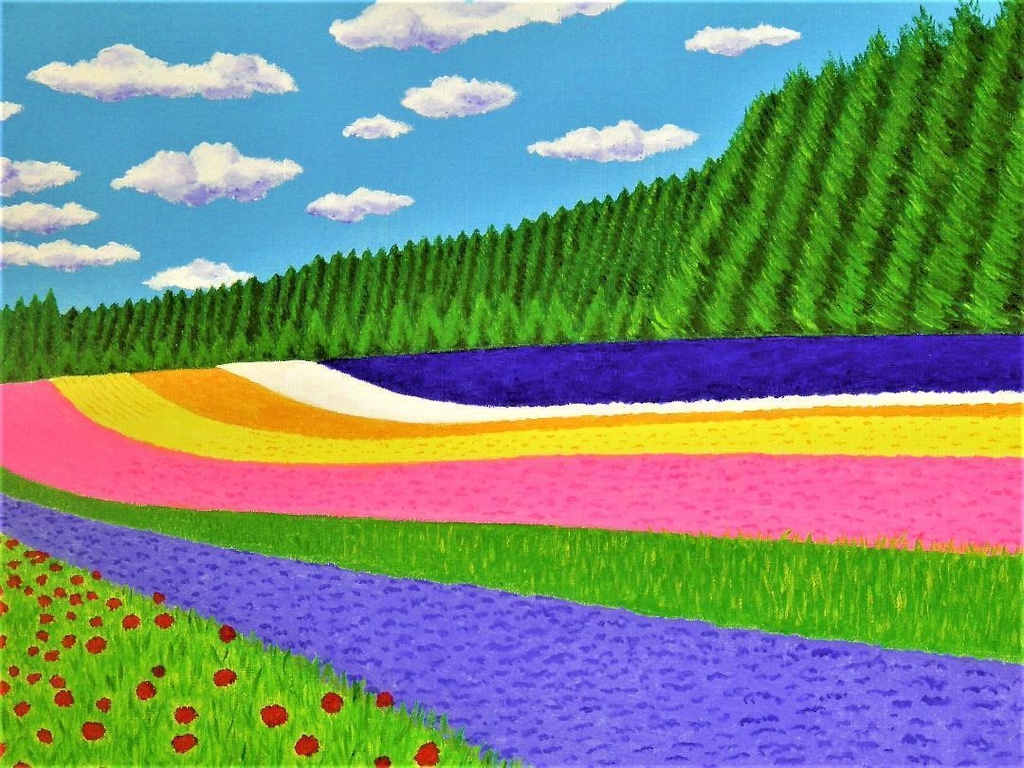★富良野・富田ファームの花畑・肉筆油彩画・F6キャンバス