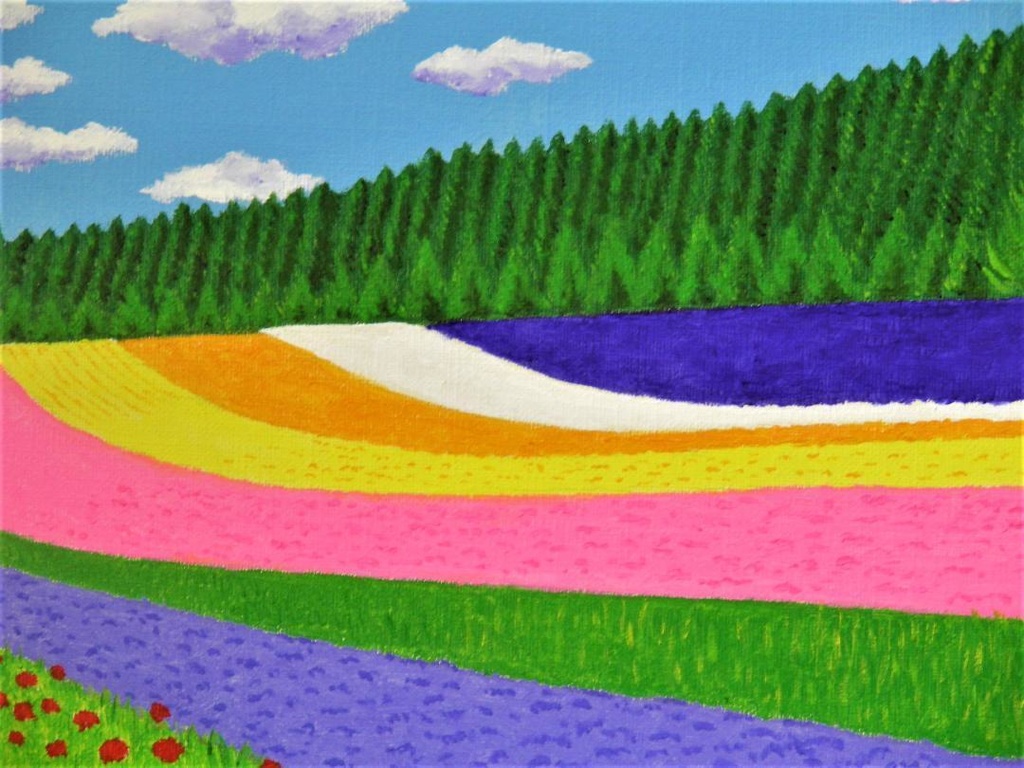 ★富良野・富田ファームの花畑・肉筆油彩画・F6キャンバス
