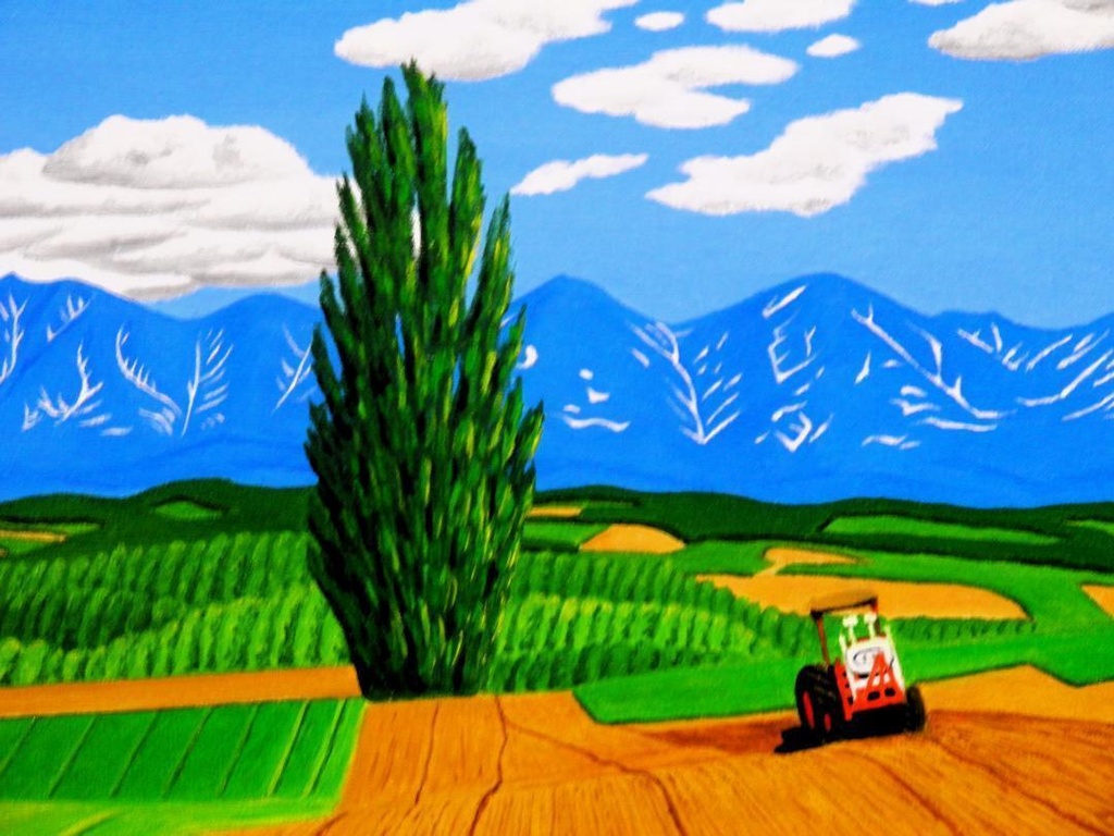 ★十勝連峰ケンとメリーの大木・肉筆油彩画・F6キャンバス