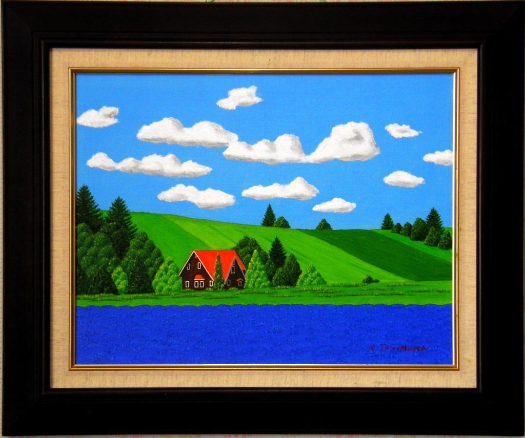 ★ラベンダー畑と赤い屋根の家・肉筆油彩画・F6キャンバス