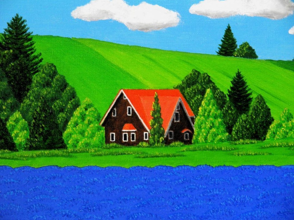 ★ラベンダー畑と赤い屋根の家・肉筆油彩画・F6キャンバス