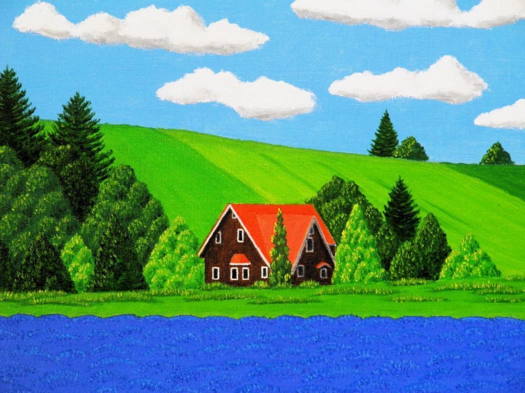 ★ラベンダー畑と赤い屋根の家・肉筆油彩画・F6キャンバス