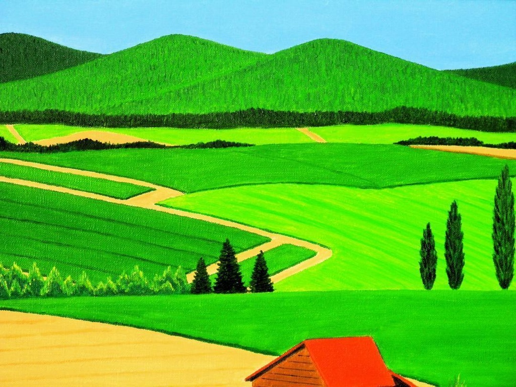 ★美瑛・新緑の丘・肉筆油彩画・F6キャンバス