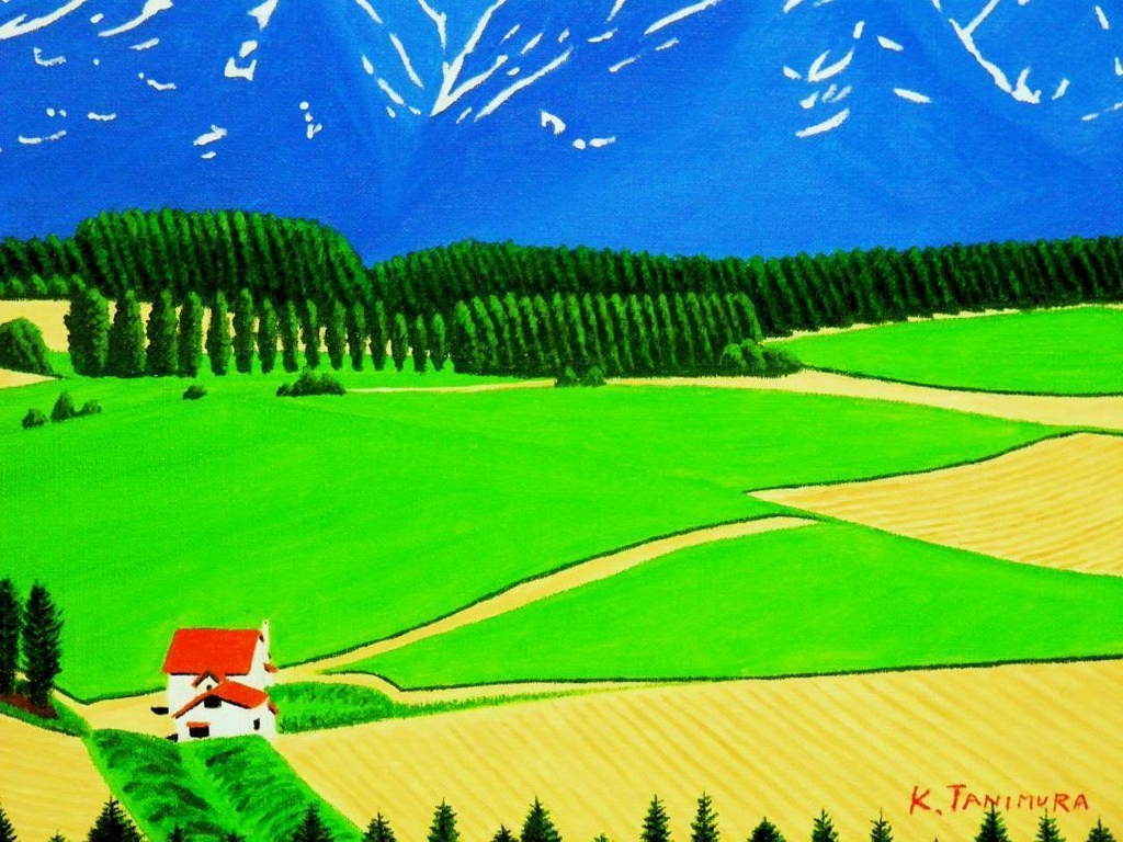 ★十勝連峰と赤い屋根の家・肉筆油彩画・F6キャンバス