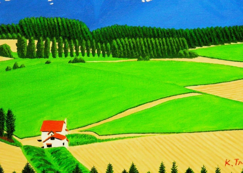 ★十勝連峰と赤い屋根の家・肉筆油彩画・F6キャンバス