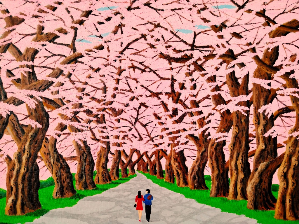 ★桜並木・肉筆油彩画・F6キャンバス