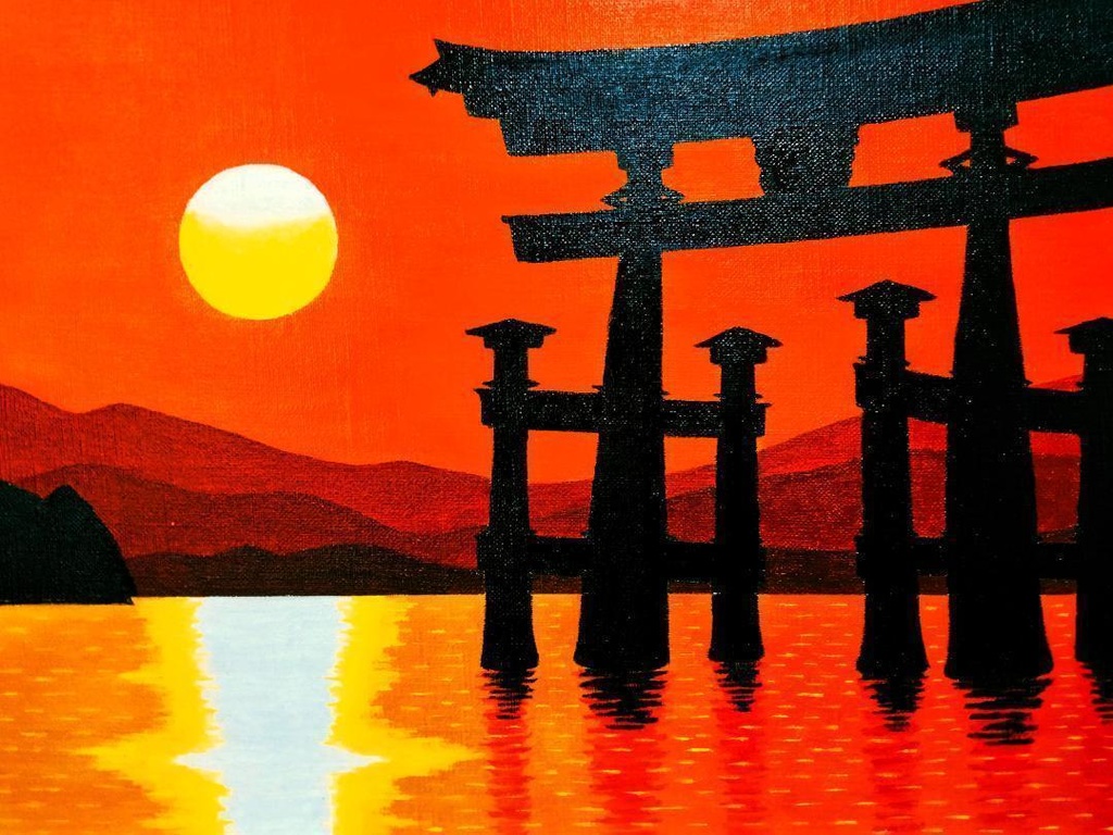 ★厳島神社鳥居・肉筆油彩画・F6キャンバス