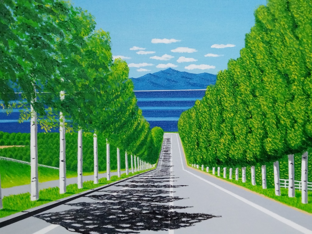 ★白樺並木通り・肉筆油彩画・F6キャンバス