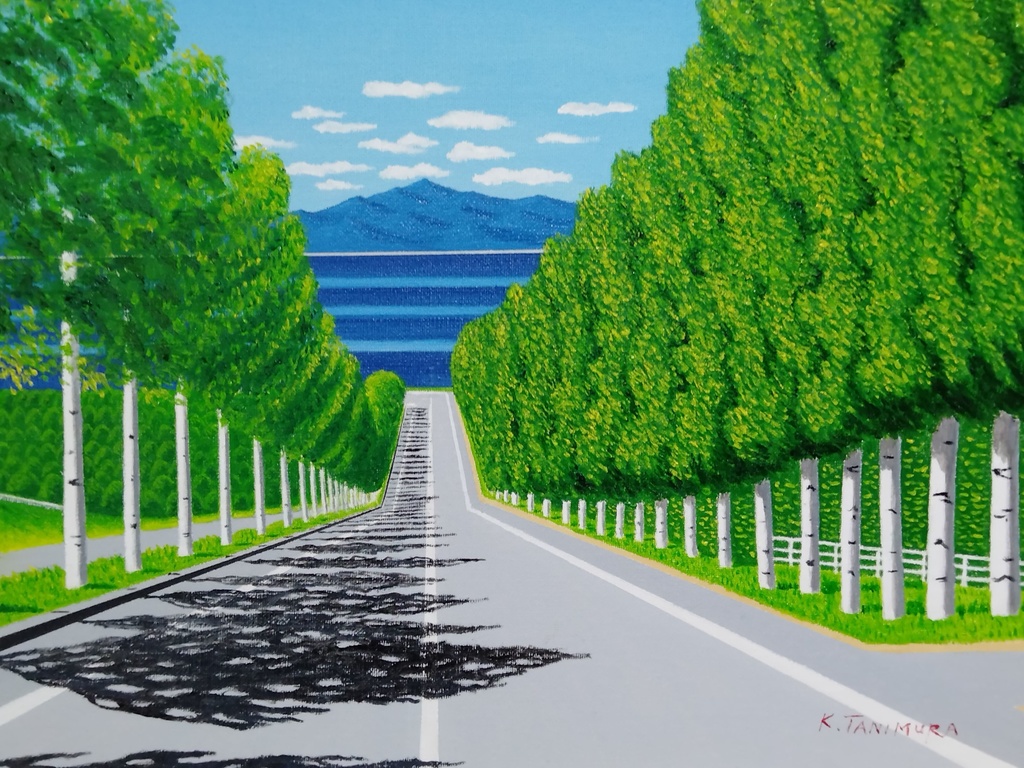 ★白樺並木通り・肉筆油彩画・F6キャンバス
