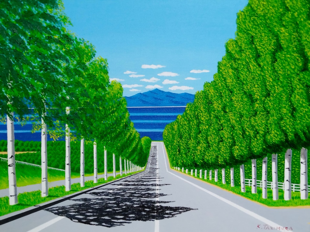 ★白樺並木通り・肉筆油彩画・F6キャンバス