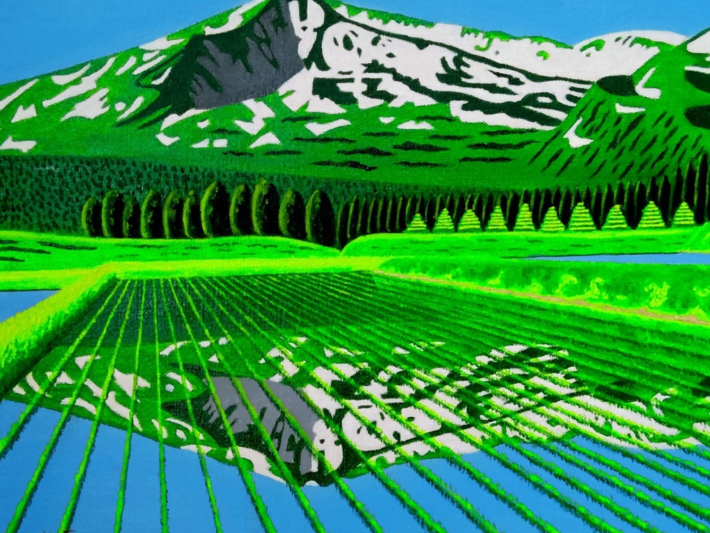 ★鳥海山と水田・肉筆油彩画・F6キャンバス