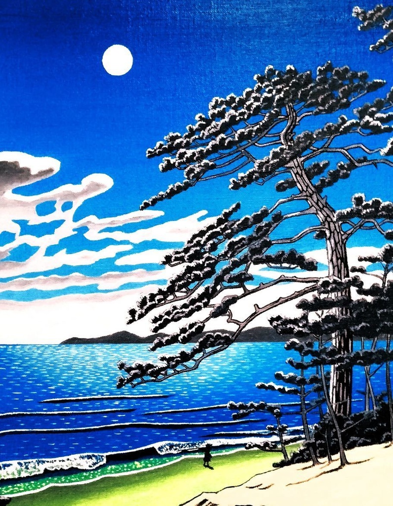 ★川瀬巴水(二宮海岸)模写・谷村一男肉筆油彩画・F6・新品額付き