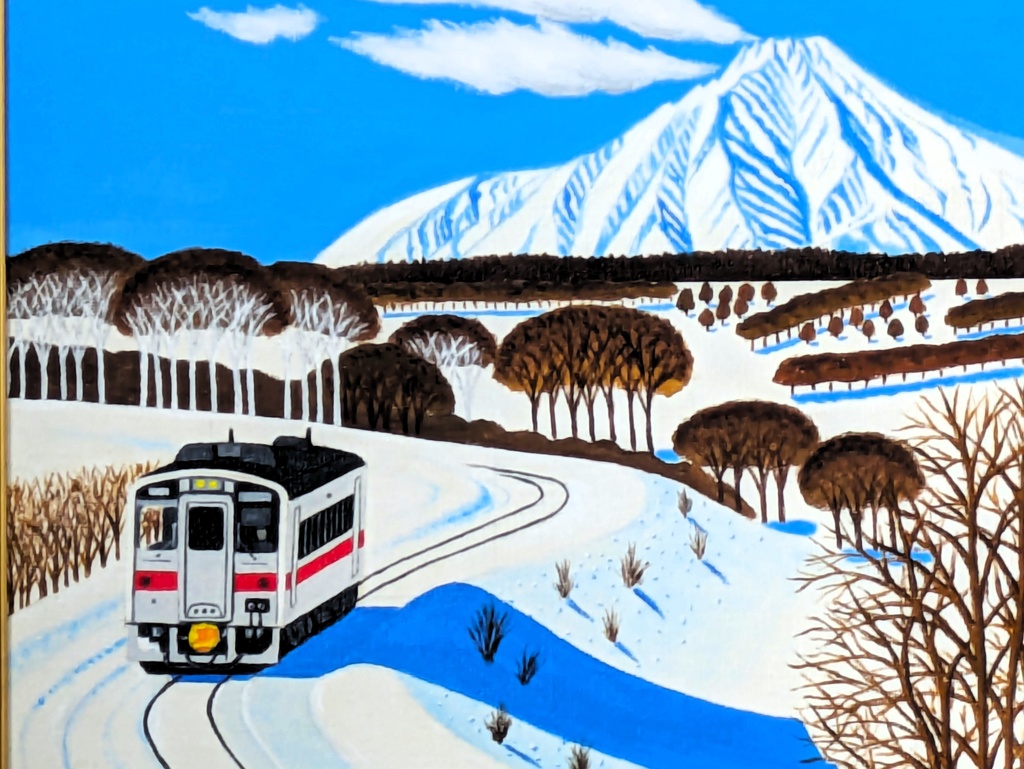 ★冬の利尻富士と走る電車・肉筆油彩画・F6キャンバス