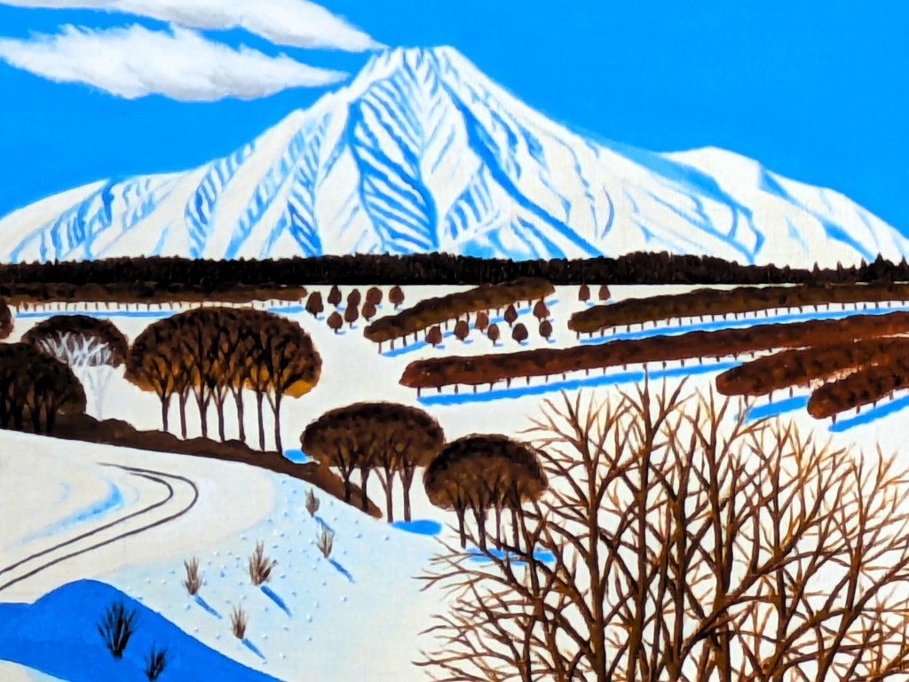 ★冬の利尻富士と走る電車・肉筆油彩画・F6キャンバス