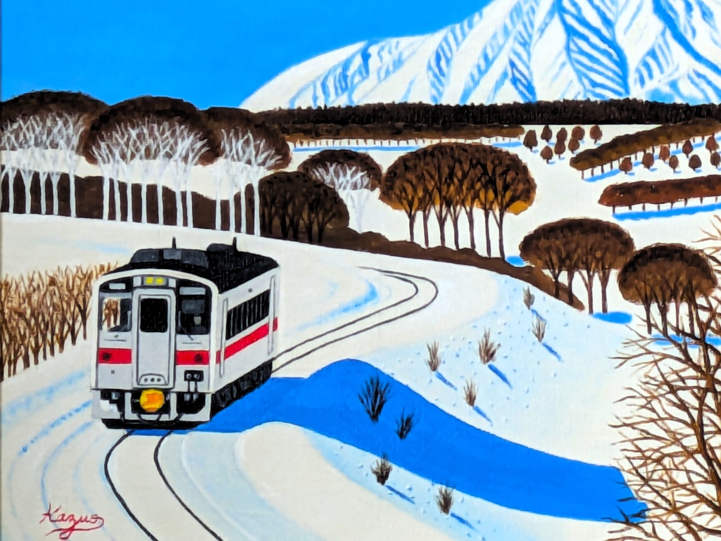 ★冬の利尻富士と走る電車・肉筆油彩画・F6キャンバス