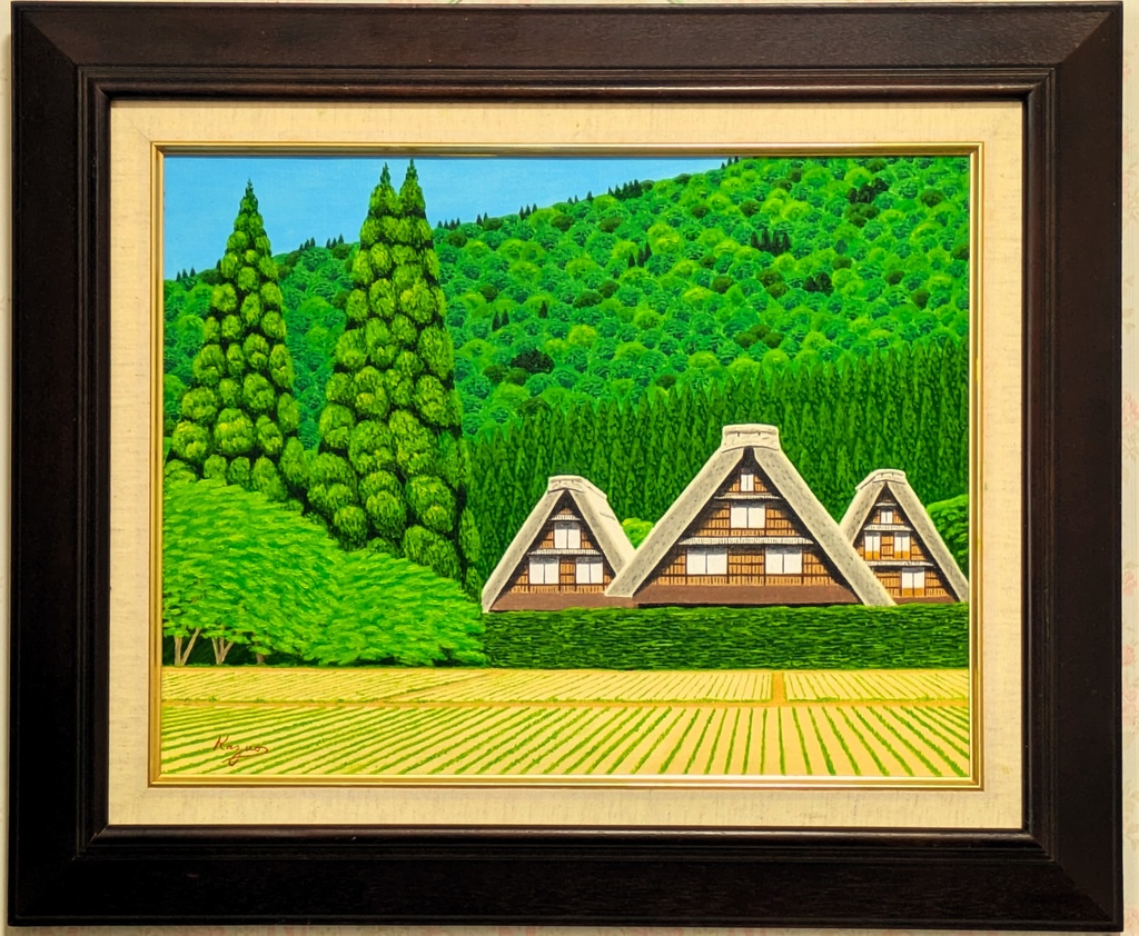 ★春の白川郷・肉筆油彩画・F6キャンバス