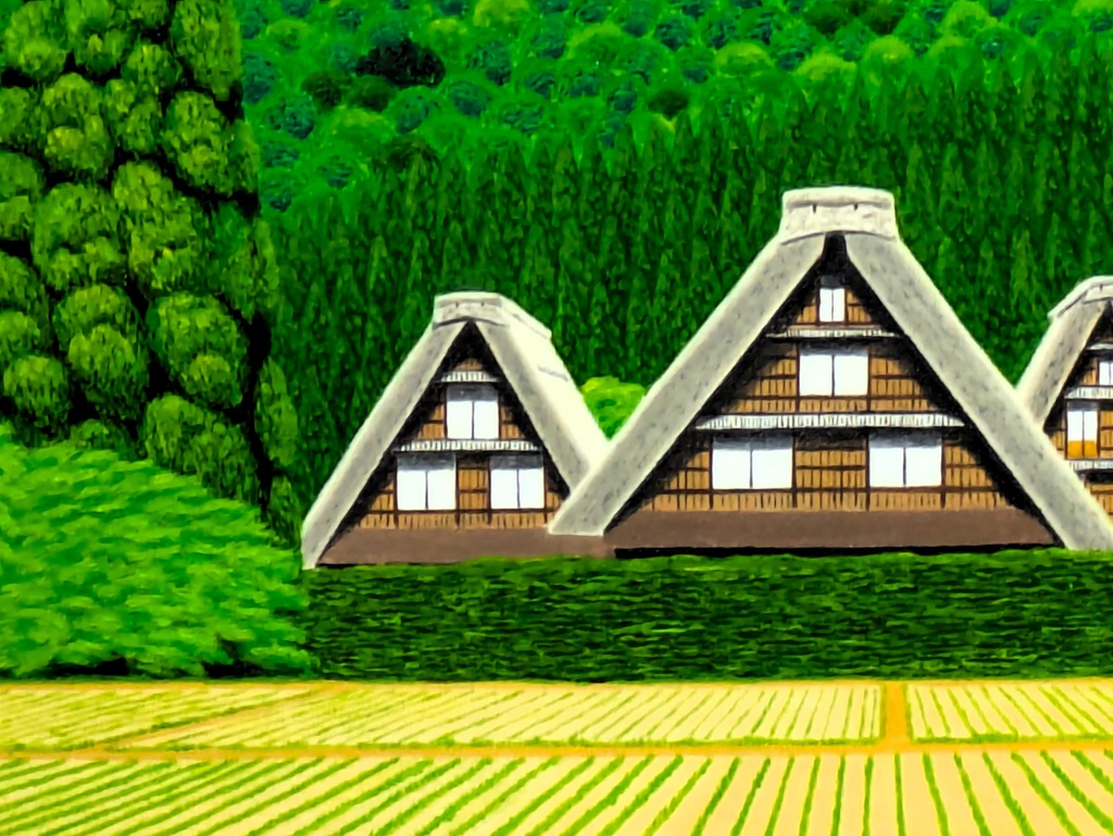 ★春の白川郷・肉筆油彩画・F6キャンバス