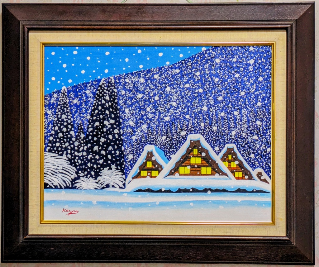 ★冬の白川郷・肉筆油彩画・F6キャンバス