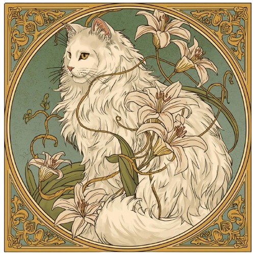 ミュシャ風の猫たち|アール・ヌーヴォー調クリップアート素材(全12種)