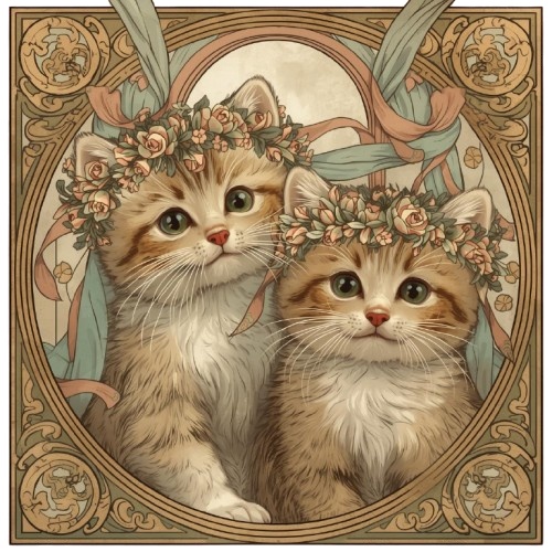 ミュシャ風の猫たち|アール・ヌーヴォー調クリップアート素材(全12種)