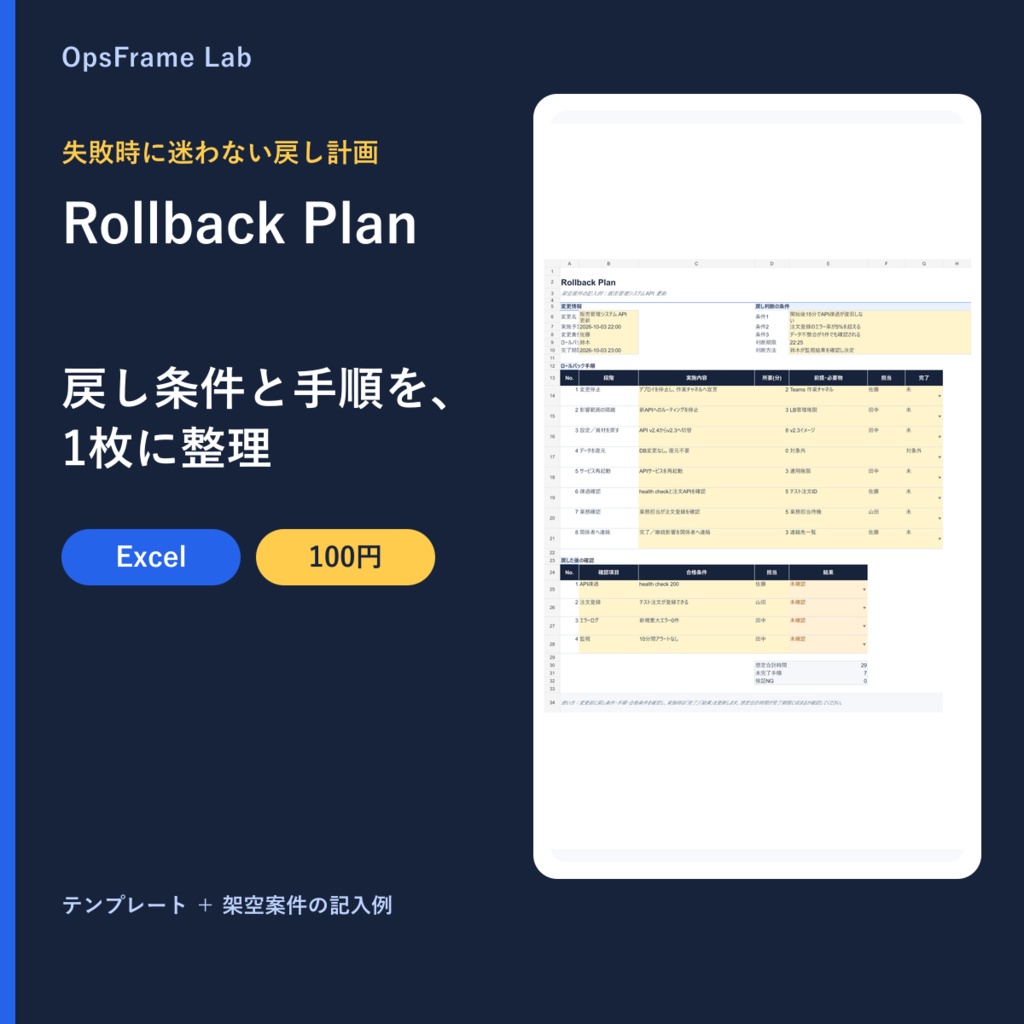 OpsFrame Lab Rollback Plan|変更失敗時の戻し条件・手順・確認を1つにまとめる、実行用Excelミニ計画