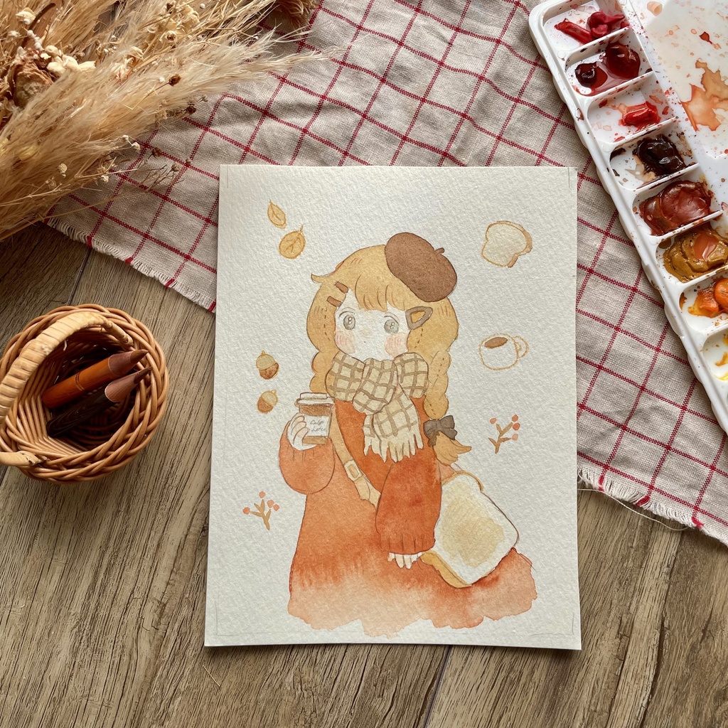 少し大きめドローイング原画「マフラーとカフェオレ」