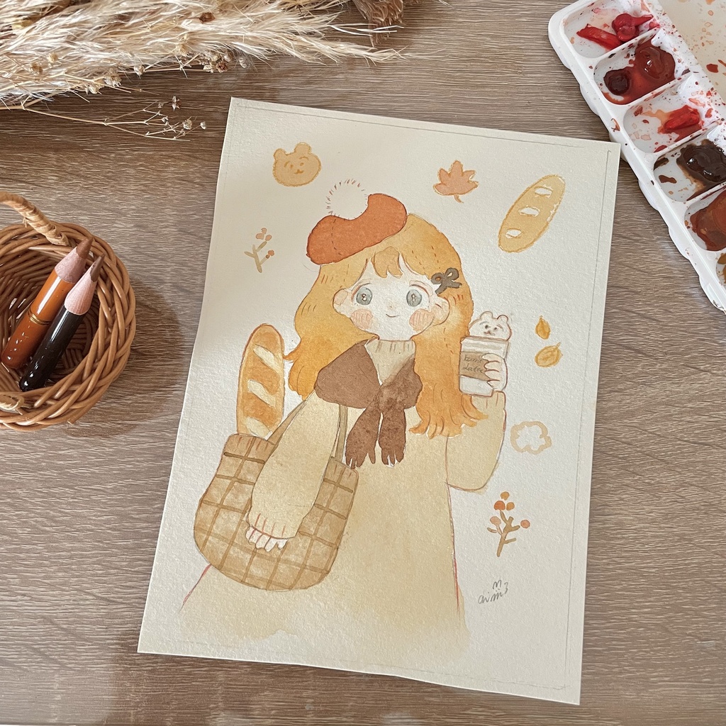 少し大きめドローイング原画「くまさんラテとフランスパン」