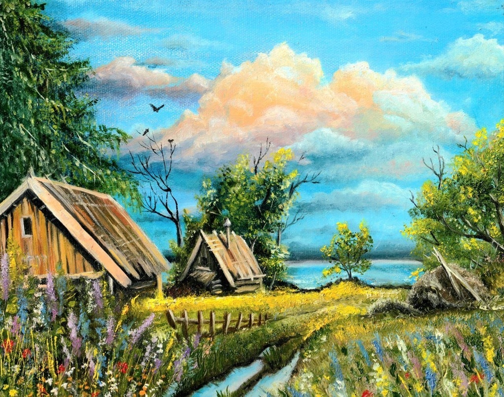 【油絵・デジタルデータ】夏の終わりの田園風景 / 油彩画の質感を楽しむポストカード・アートプリント