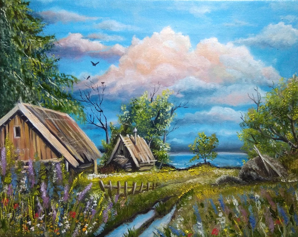 【油絵・デジタルデータ】夏の終わりの田園風景 / 油彩画の質感を楽しむポストカード・アートプリント