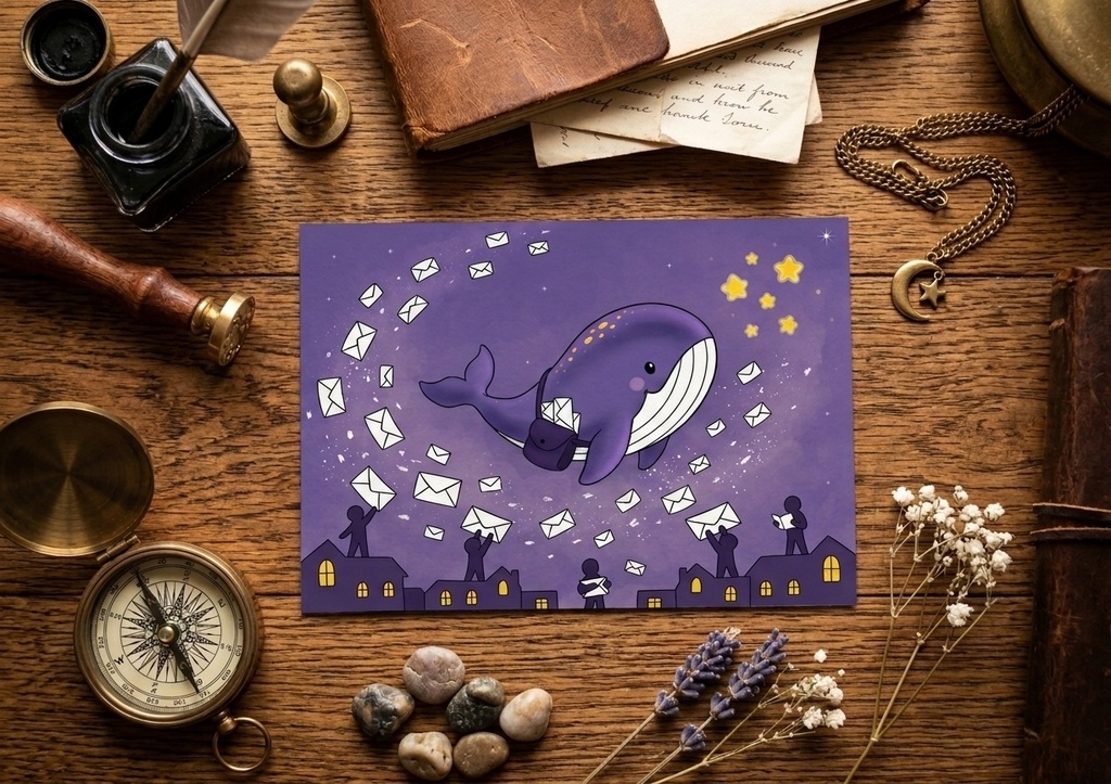 【オリジナル】ポストカード「夜の郵便」🐳💌🌙