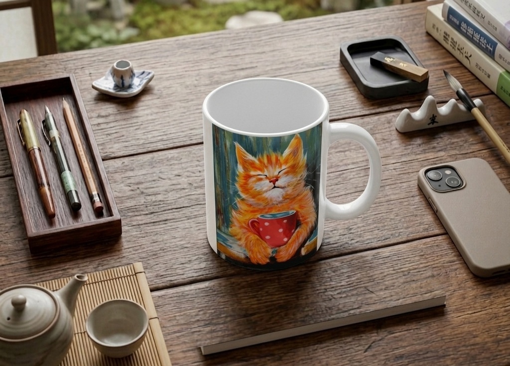 【イラストマグカップ】マグカップを抱えるほっこり子猫 / 油絵風アートデザイン
